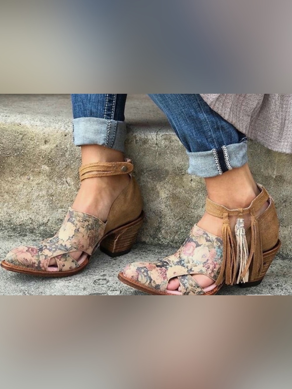 Miss Macie Mercy Me Leather Suede Floral Boho Cutout Fringe Closed Toe Booties